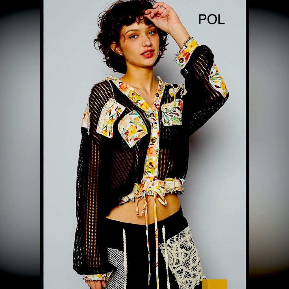 BB44. NWT POL Black Mesh Hoodie Jacket with Multicolored Floral Trim